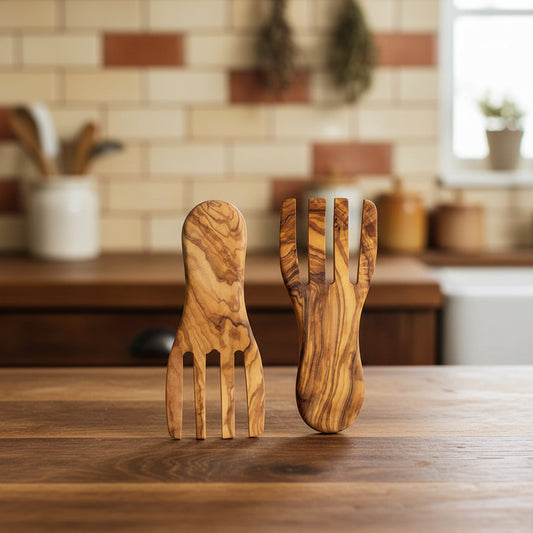 Olive Wood Salad Servers Flat Forks Set