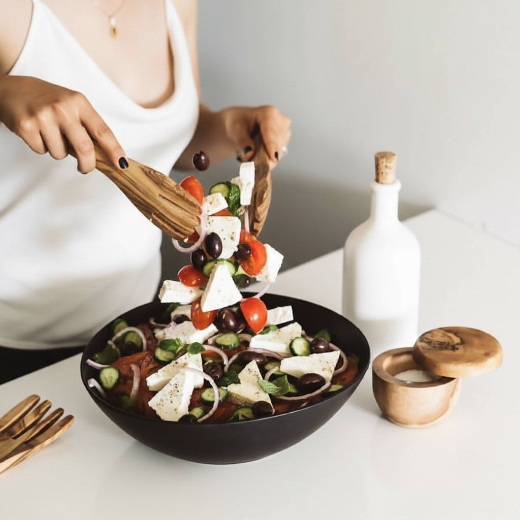 Olive Wood Salad Servers Flat Forks Set