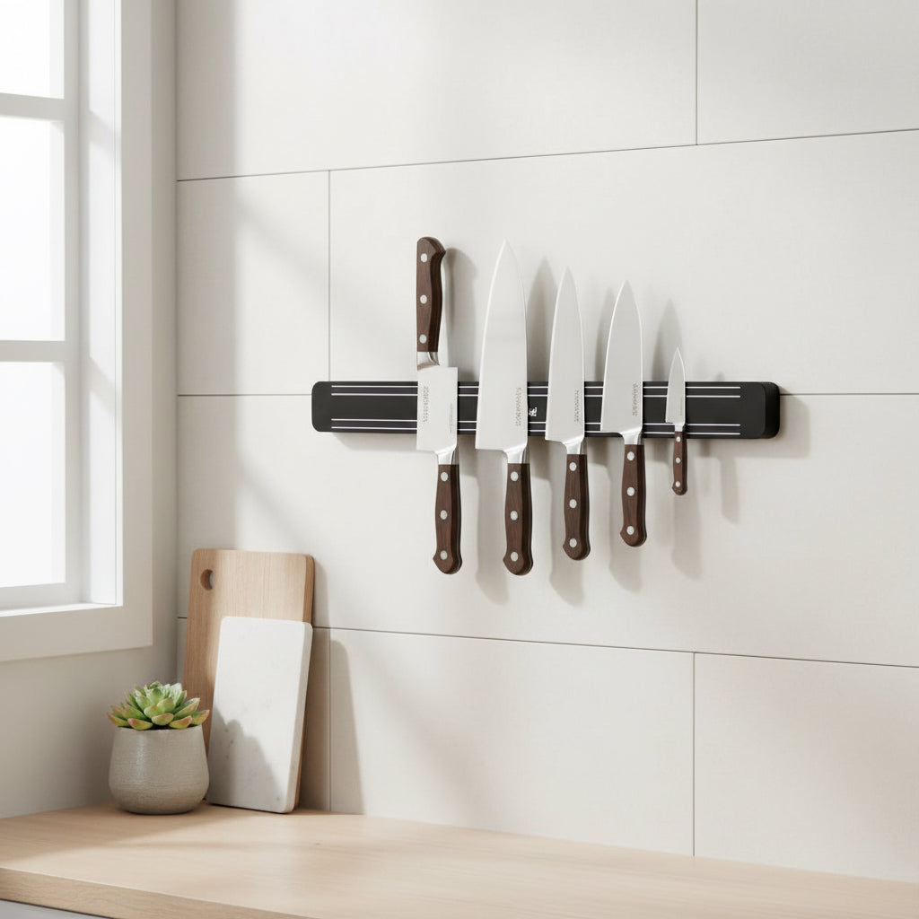 Kitchen Knife Set Kit | Red Handle & Black Magnetic Rack