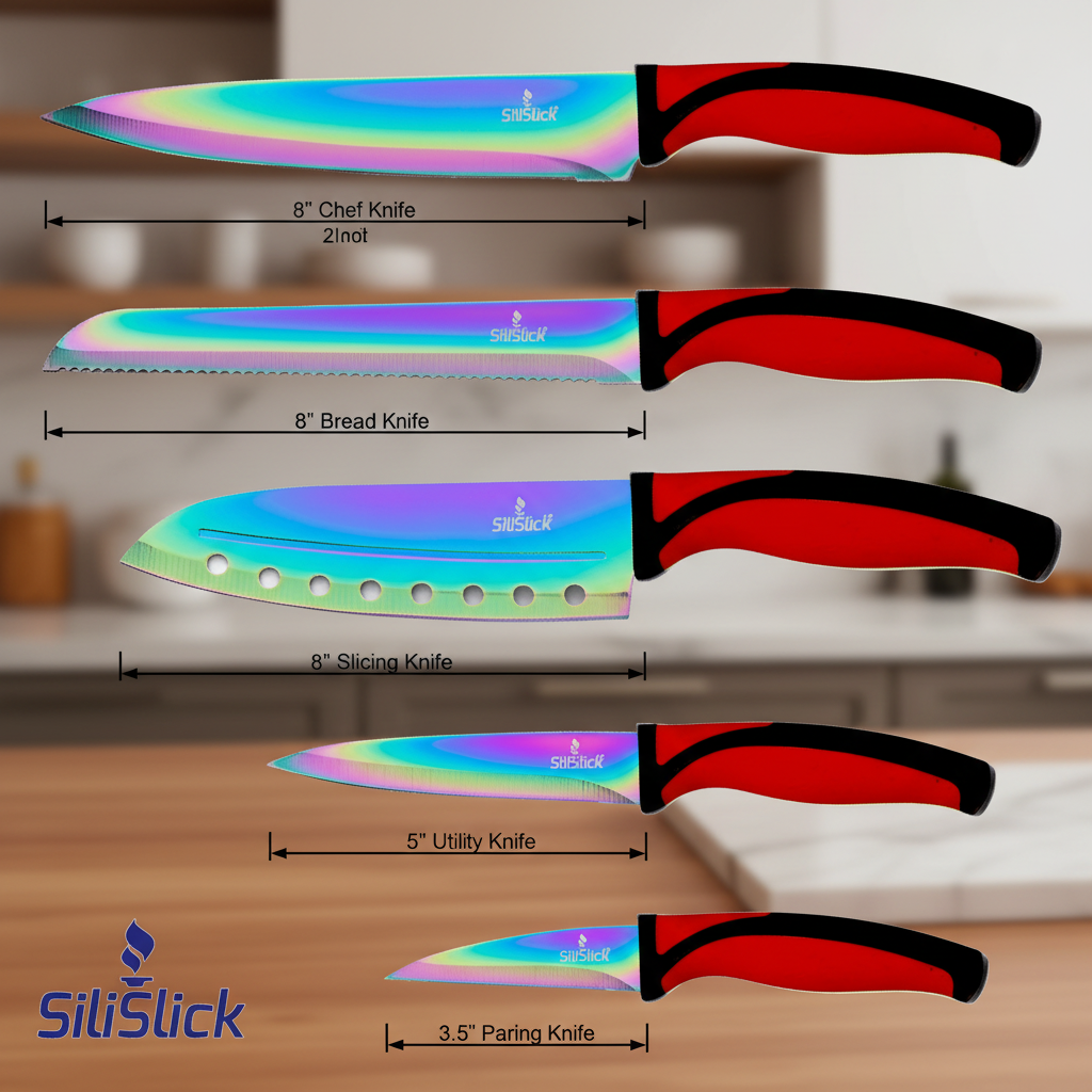 Kitchen Knife Set Kit | Red Handle & Black Magnetic Rack