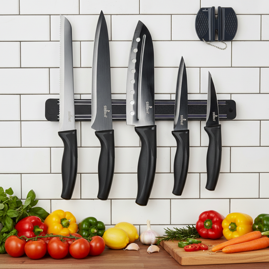 Kitchen Knife Set Kit | Black Magnetic Rack & Sharpener