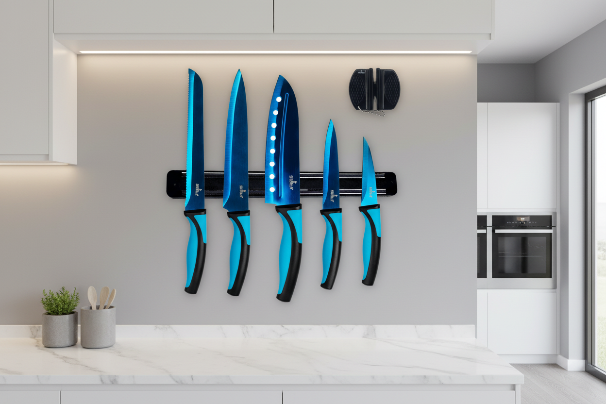 Kitchen Knife Set Kit & Black Magnetic Rack & sharpener