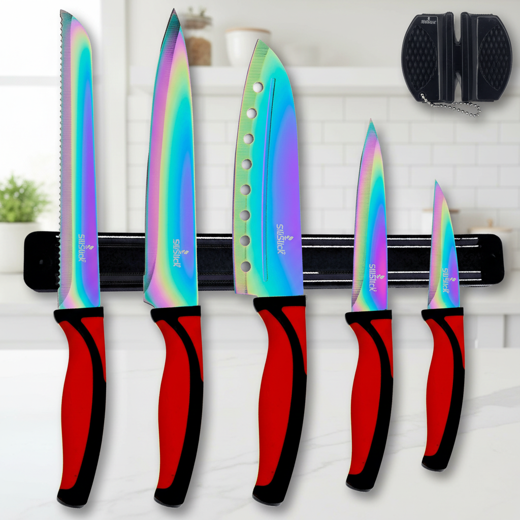 Kitchen Knife Set Kit | Red Handle & Black Magnetic Rack